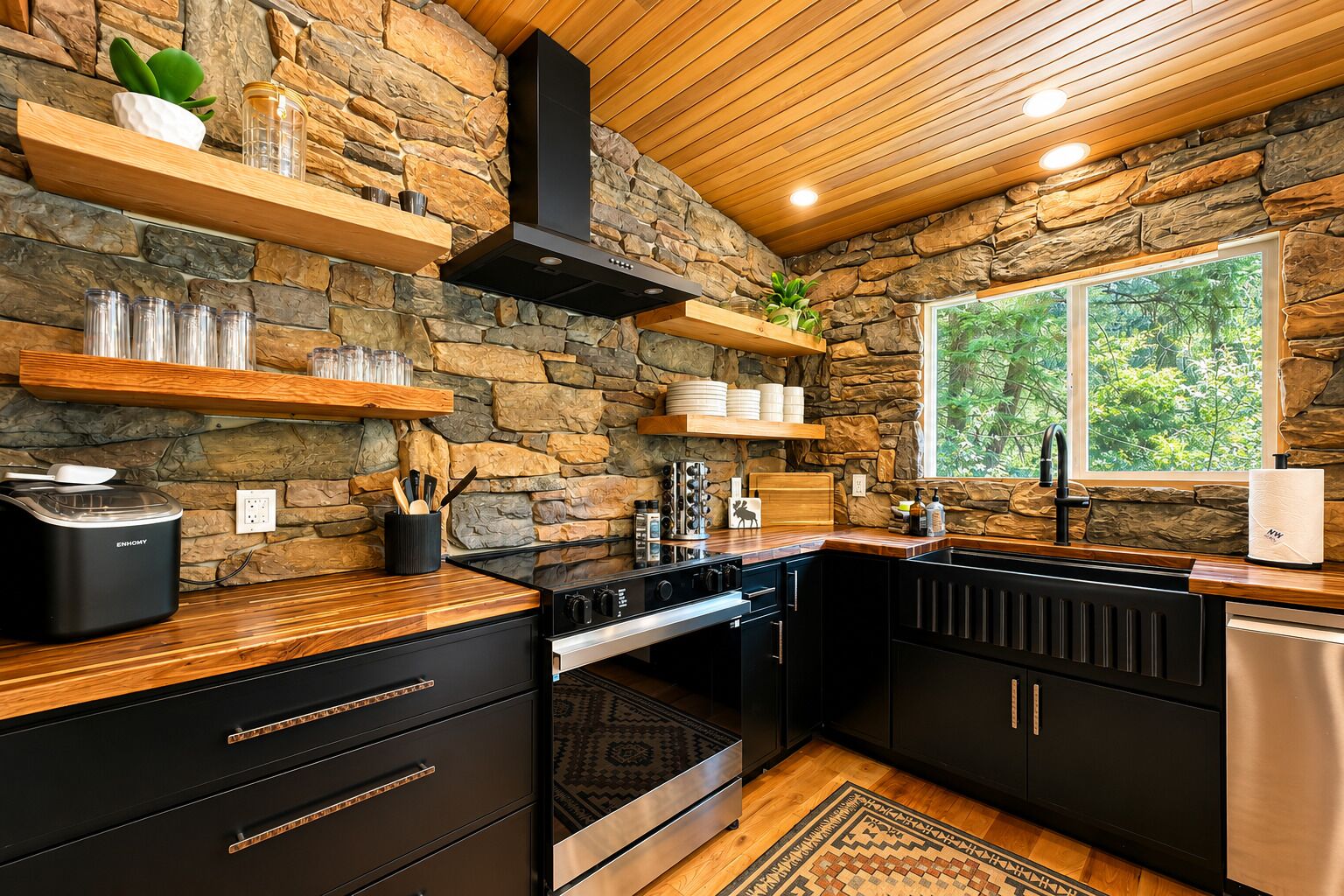 A modern kitchen with stone walls, wooden shelves, and a view of greenery outside.