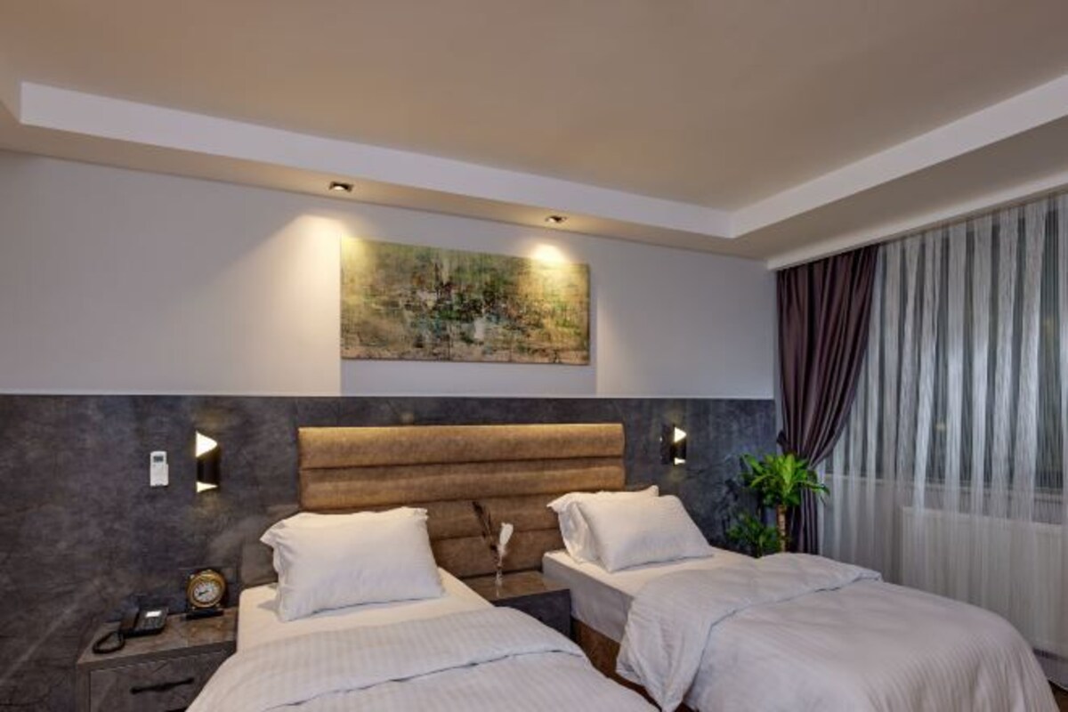 Une chambre d’hôtel moderne avec deux lits, une grande œuvre d’art au mur et une vue sur l’extérieur à travers des rideaux transparents.