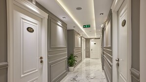 Um corredor com portas brancas, uma planta em vaso e chão de mármore.