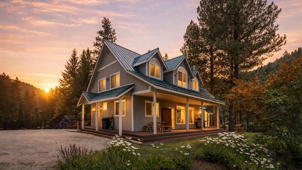Una casa a due piani con veranda, circondata da alberi e illuminata dal tramonto.
