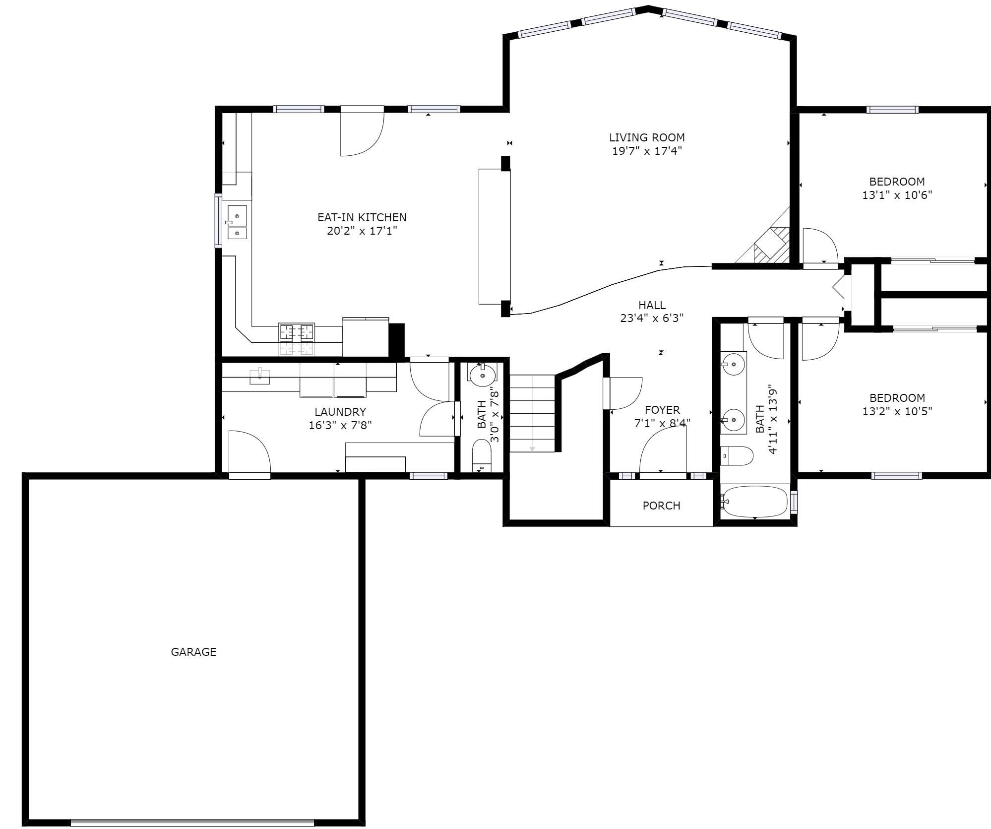 Een plattegrond met een woonkamer, twee slaapkamers, een keuken met eethoek, een badkamer, een hal, een wasruimte, een veranda en een garage.