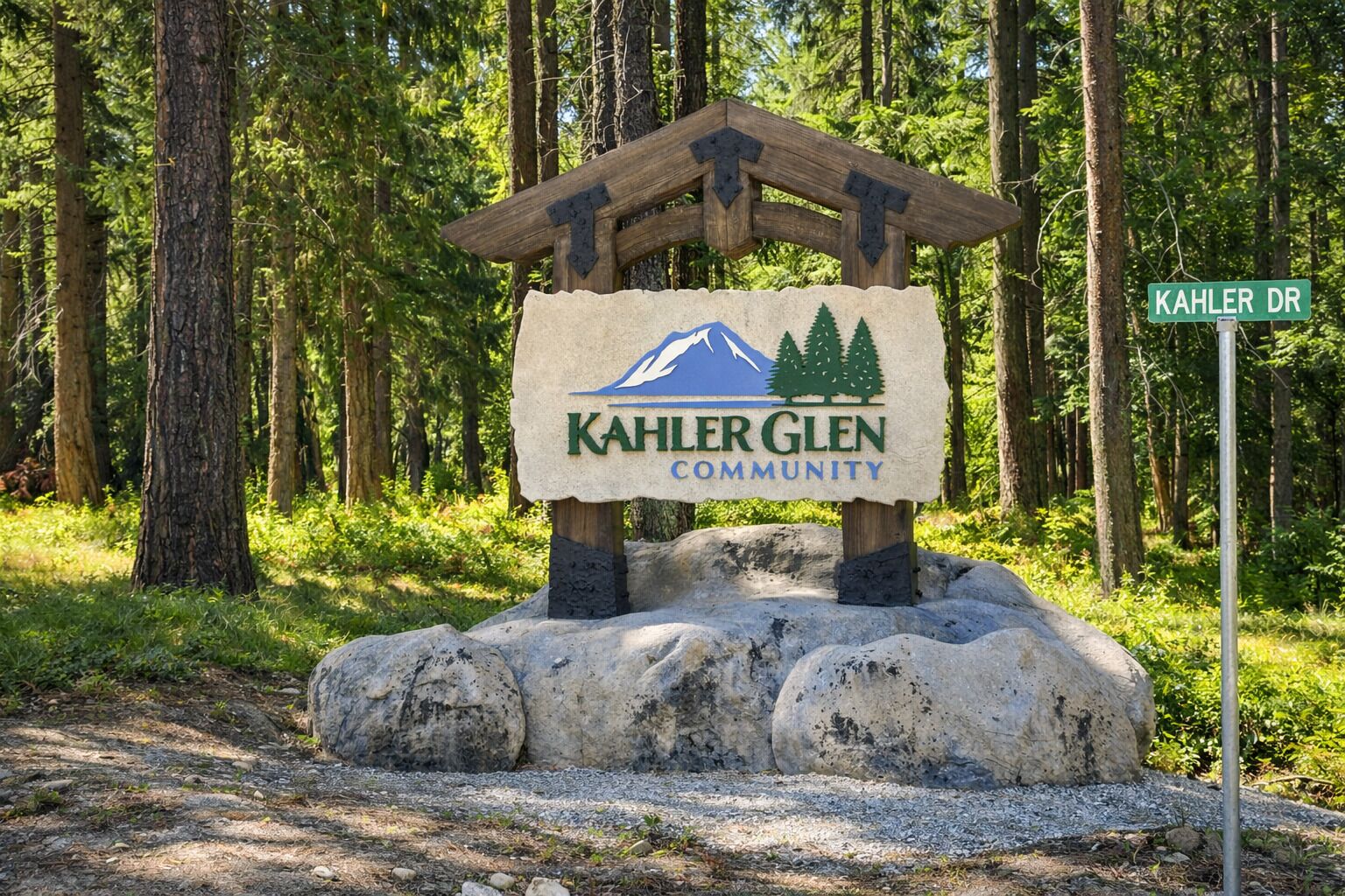 Une enseigne en bois portant l’inscription « Kahler Glen Community » et un motif représentant une montagne, le tout sur fond de forêt.