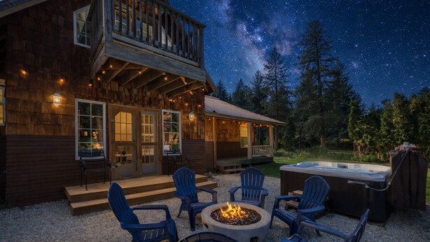 A wooden cabin with a deck, outdoor seating, and a hot tub. - Family Cabin 5 Bedroom Home by NW Comfy Cabins (Leavenworth)