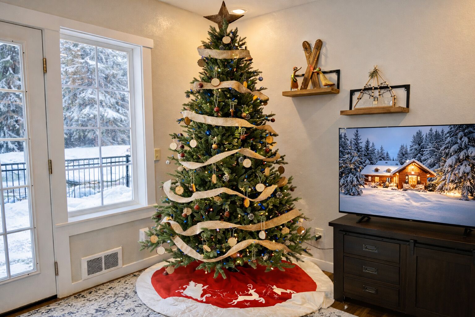 Un sapin de Noël décoré de guirlandes et de rubans, un téléviseur diffusant une scène hivernale enneigée, et une cheminée ornée d’objets décoratifs.