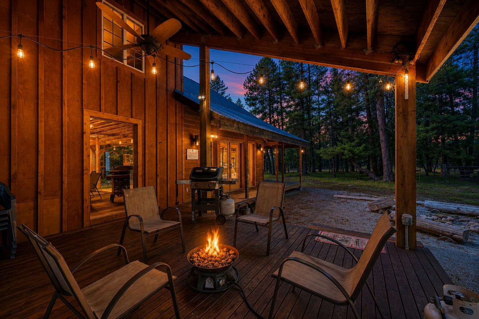 Une cabane en bois dotée d’une terrasse couverte, de sièges d’extérieur, d’un foyer et de guirlandes lumineuses.