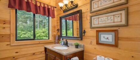 Ein Badezimmer einer Holzhütte mit einem großen Fenster, einem Waschtisch mit Spüle, einem Spiegel und gerahmten Pflanzenbildern an der Wand.
