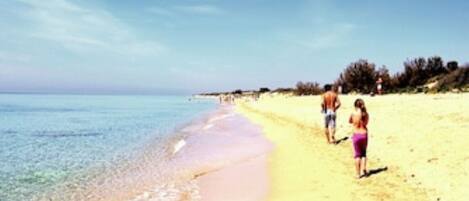 On the beach, sun-loungers