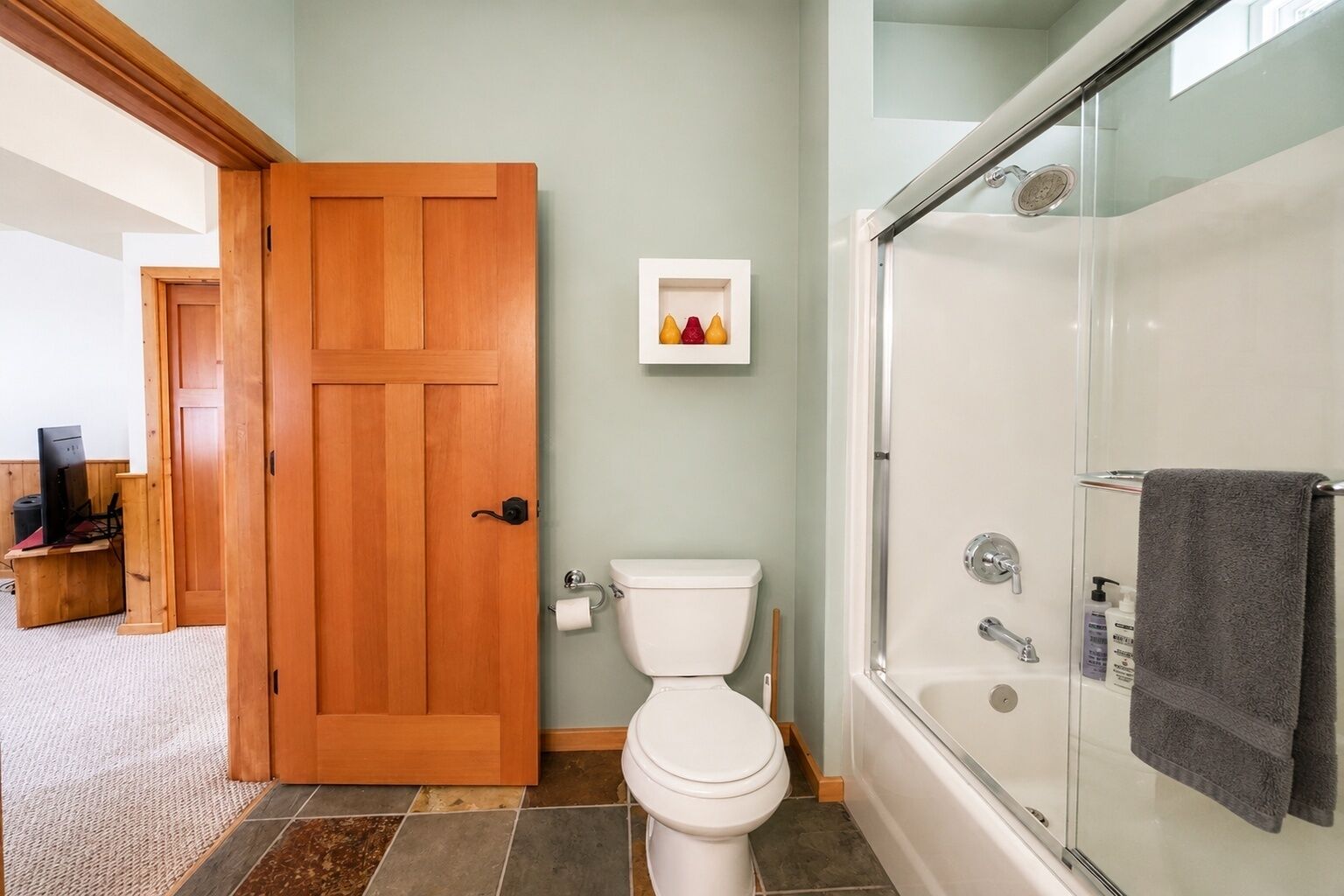 A bathroom with a toilet, shower, and a wooden door.