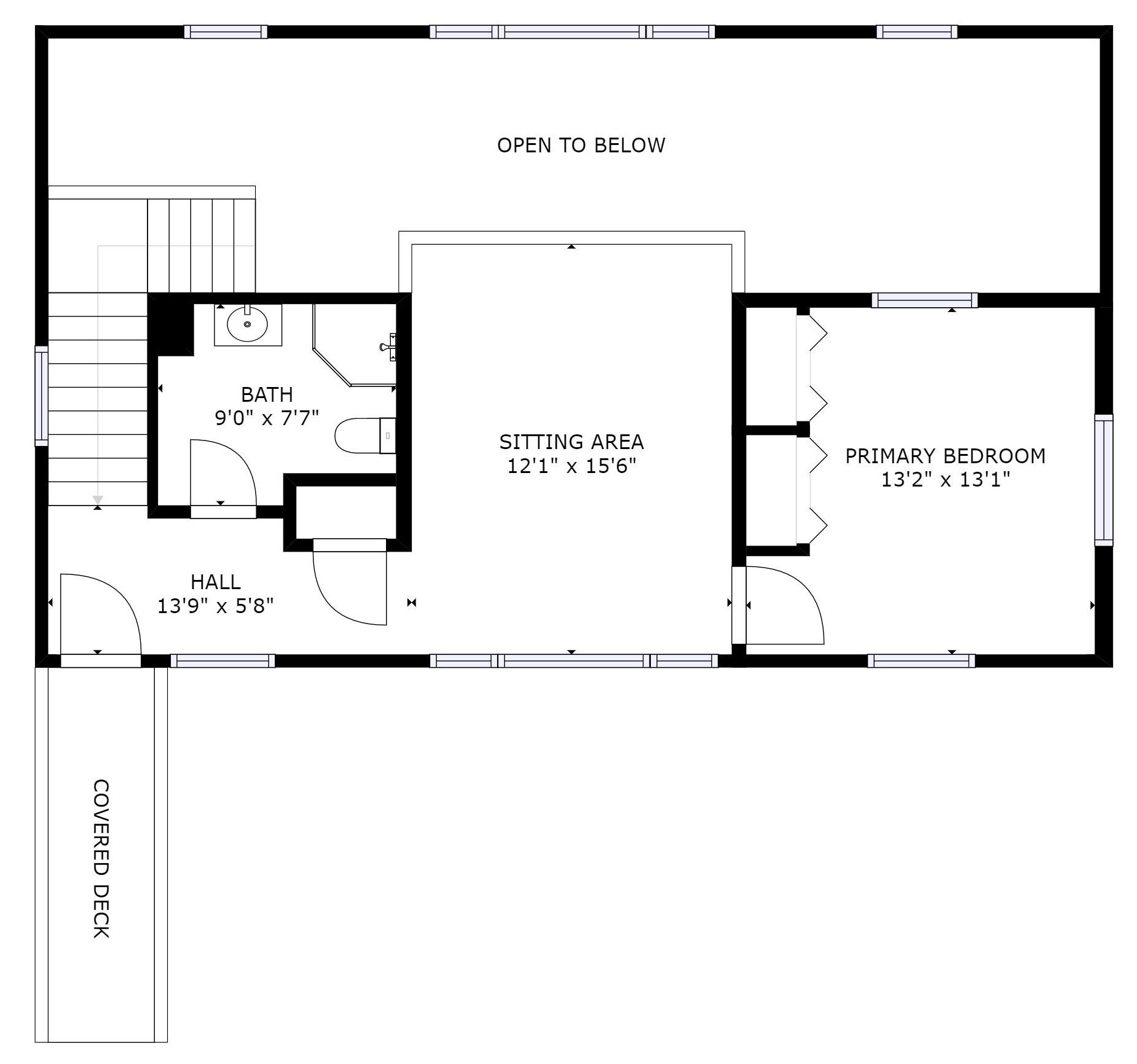 Plano de planta que muestra una sala de estar, habitación principal, baño y pasillo.