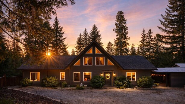 A two-story house with a dark exterior, multiple windows, and a driveway leading to the entrance. - Riffle River Lodge 3 Bedroom Home by NW Comfy Cabins by RedAwning (Leavenworth)