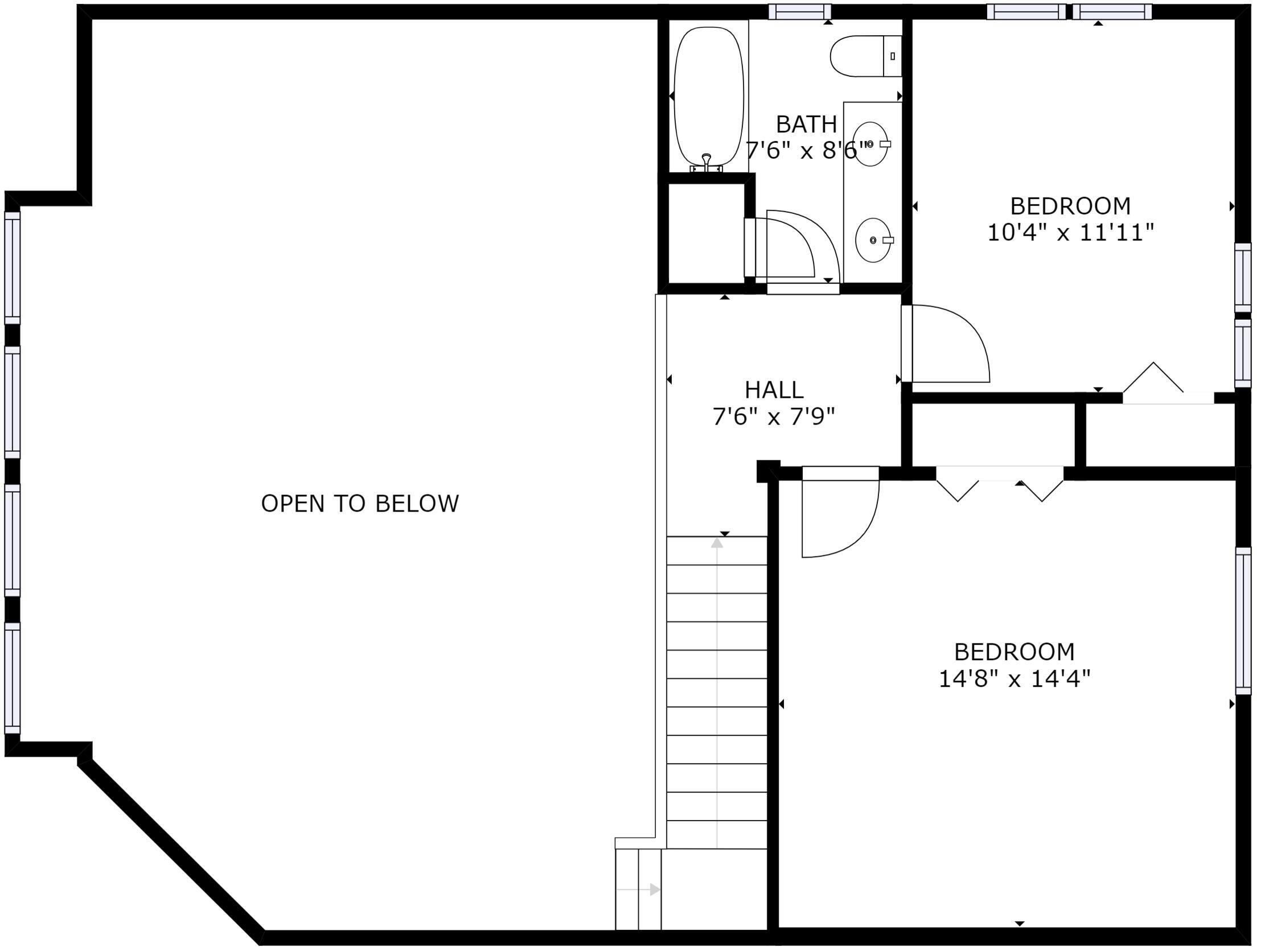 A floor plan with a bathroom, two bedrooms, a hall, and an open area.