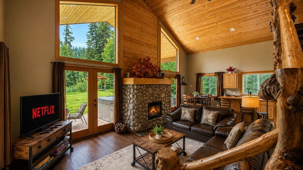 A spacious living room with a stone fireplace, a television, and a large window overlooking a garden.