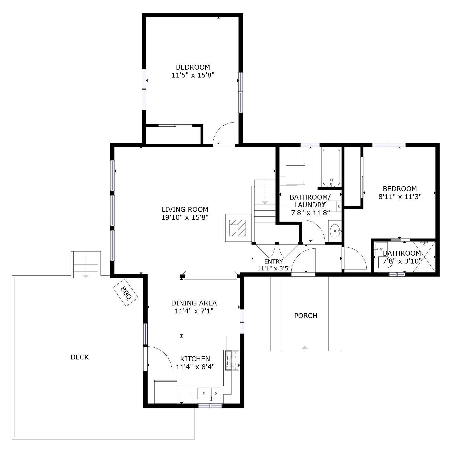 A floor plan of a house with a living room, two bedrooms, a bathroom, a kitchen, a dining area, a porch, and a deck.
