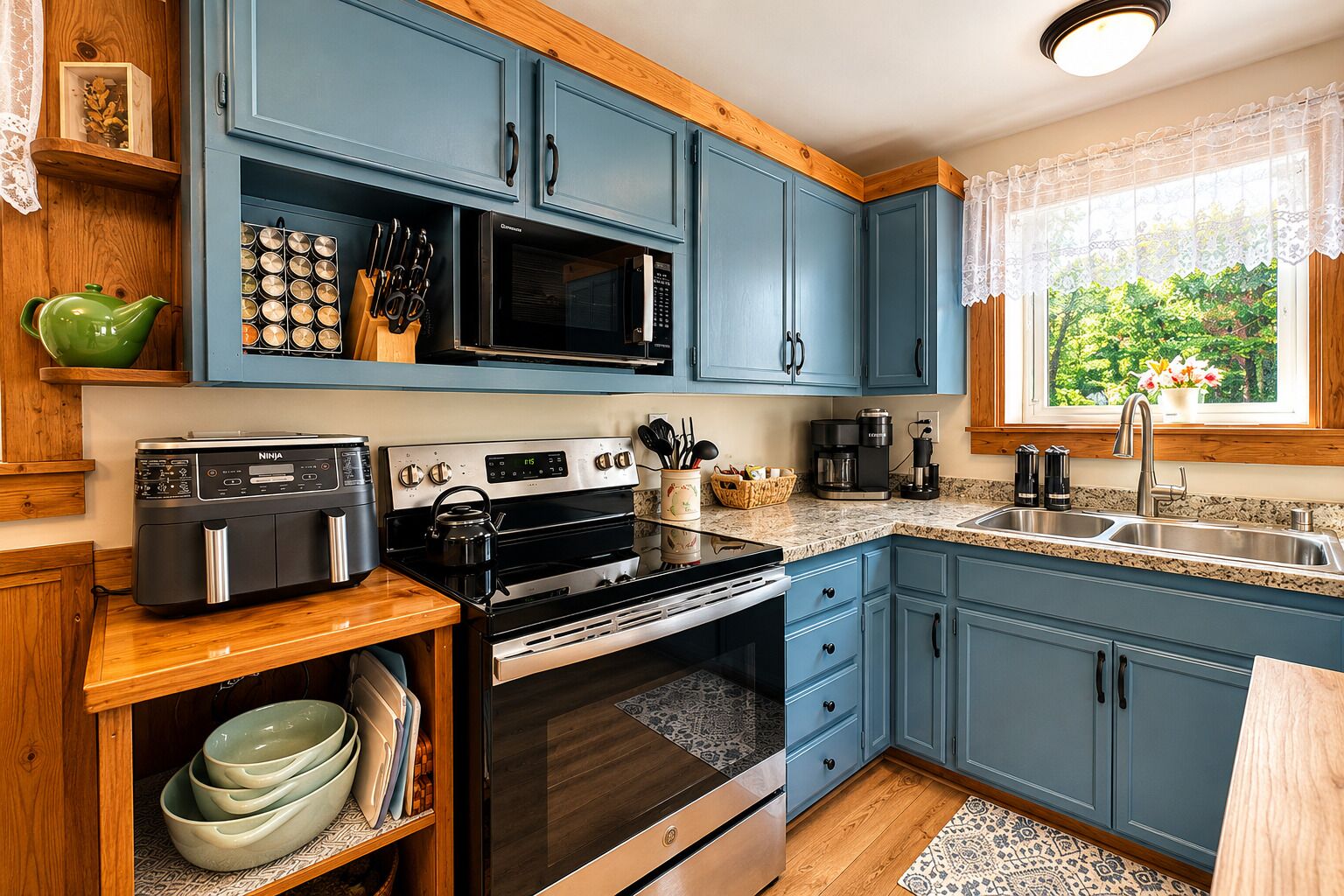 A kitchen with blue cabinets, a microwave, stove, and a coffee maker.