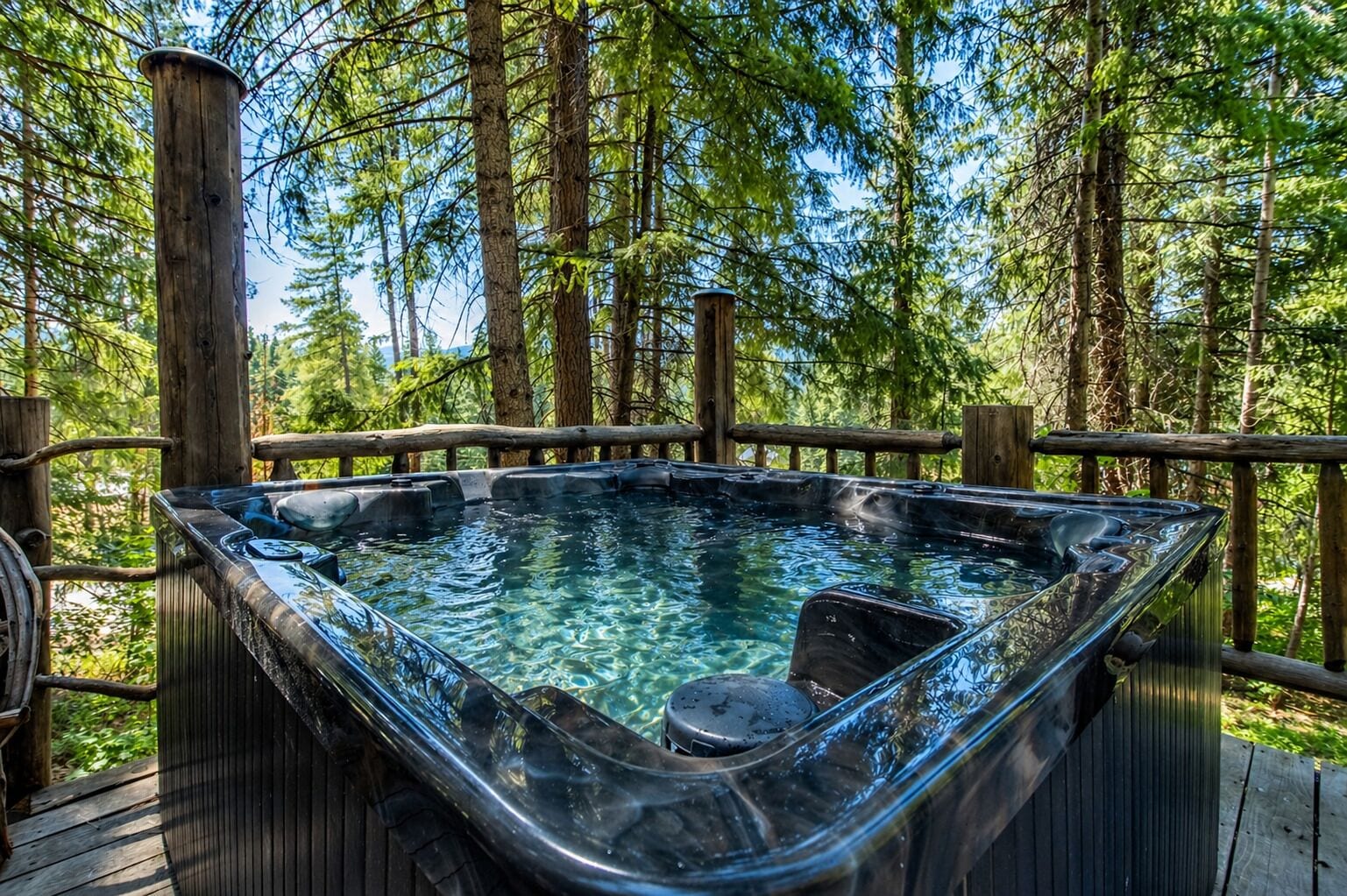 A hot tub surrounded by a wooden deck and forest.