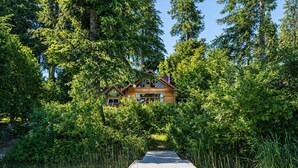 Une cabane en bois entourée d’une forêt dense, accessible par un sentier en bois.
