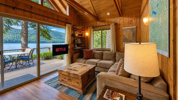 L’intérieur chaleureux d’un chalet, avec un décor en bois, une télévision, un canapé, une table basse et une vue sur un lac.