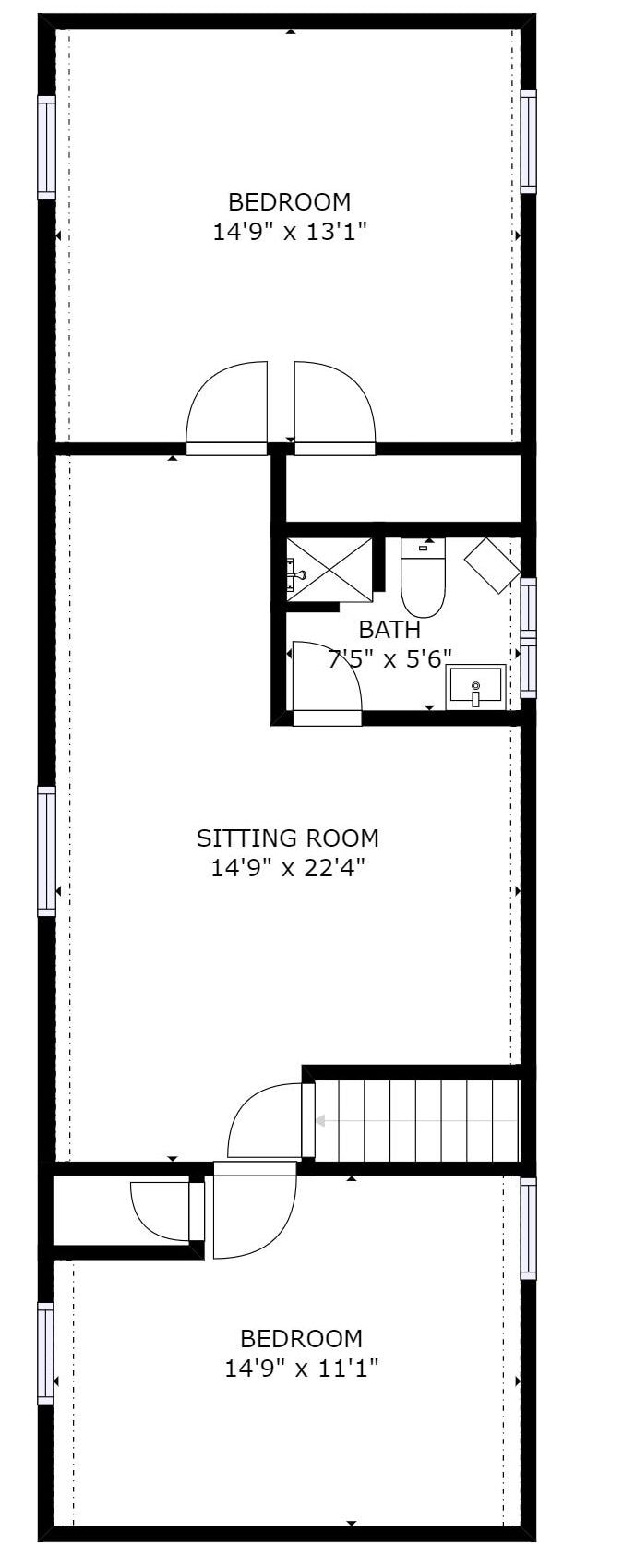 A floor plan with two bedrooms, a sitting room, and a bathroom.