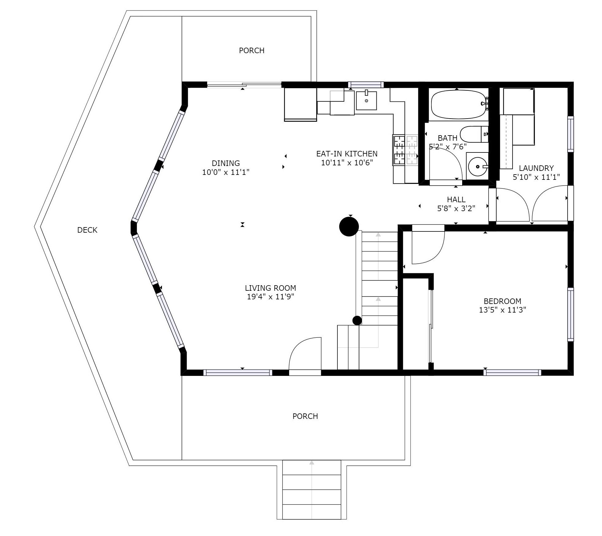 A floor plan of a house with a deck, dining area, living room, bedroom, bathroom, and porch.