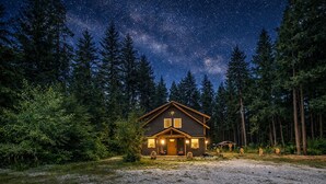 Una cabaña con un cielo estrellado visible entre los árboles, rodeada por un bosque.