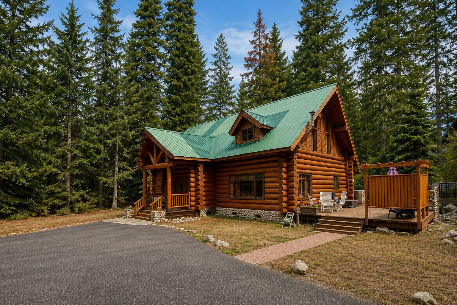 A log cabin with a green roof, surrounded by tall pine trees.