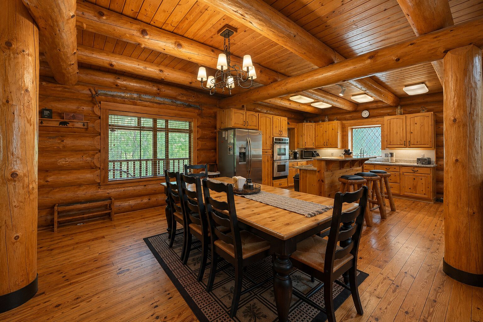 L’intérieur d’une cabane en rondins comprend un coin repas, une cuisine et de grandes fenêtres.