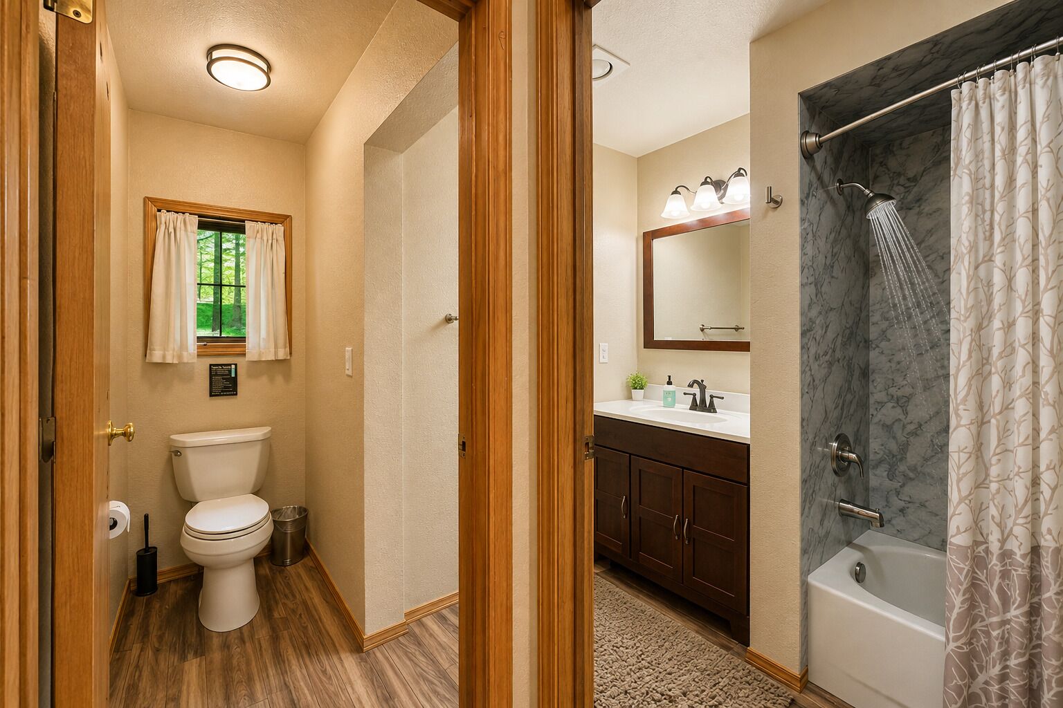 Un bagno con il water, un lavandino, uno specchio, una doccia e una finestra con tende.