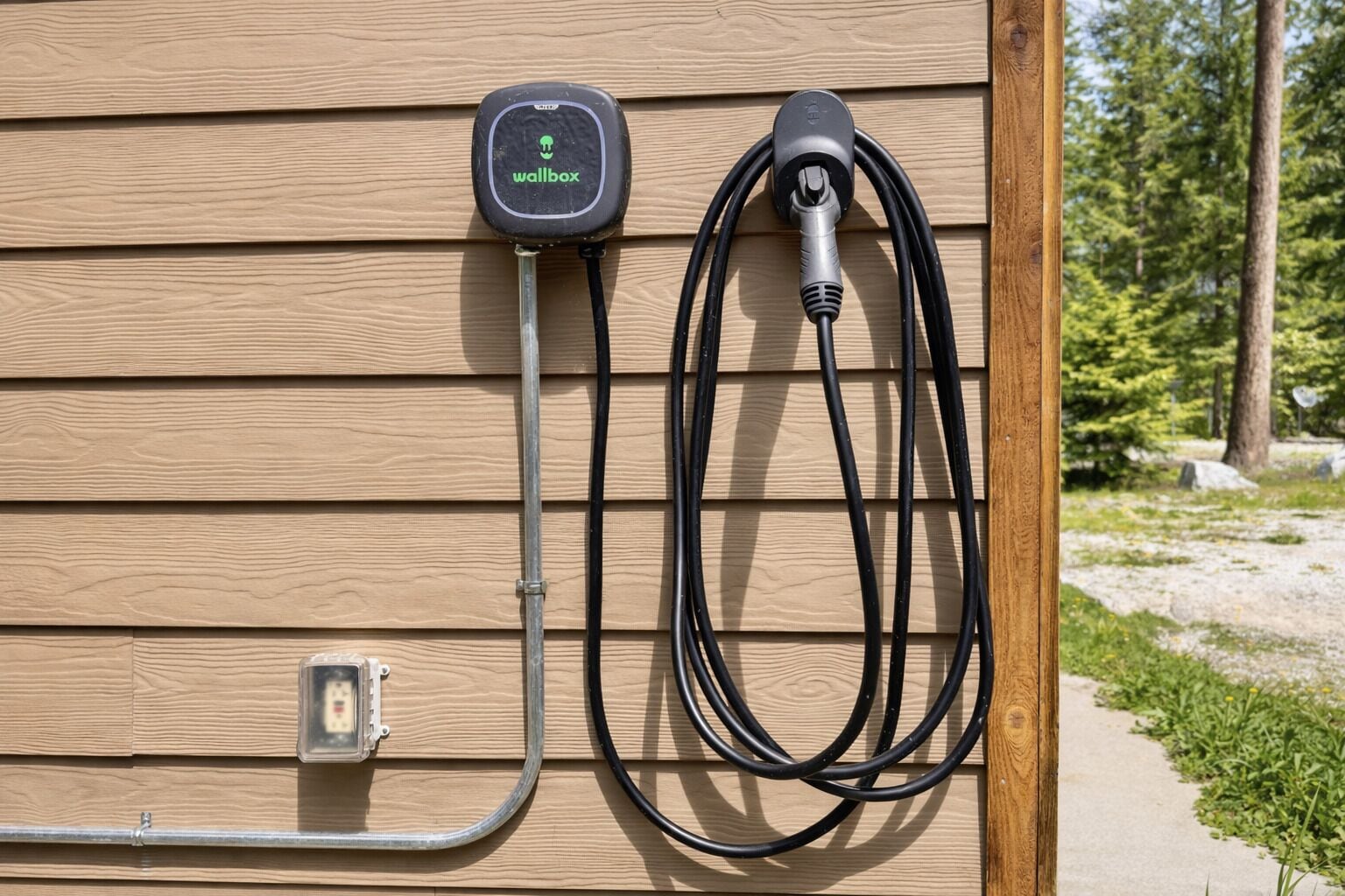Eine Wandladestation mit angeschlossenem Kabel und Stecker.