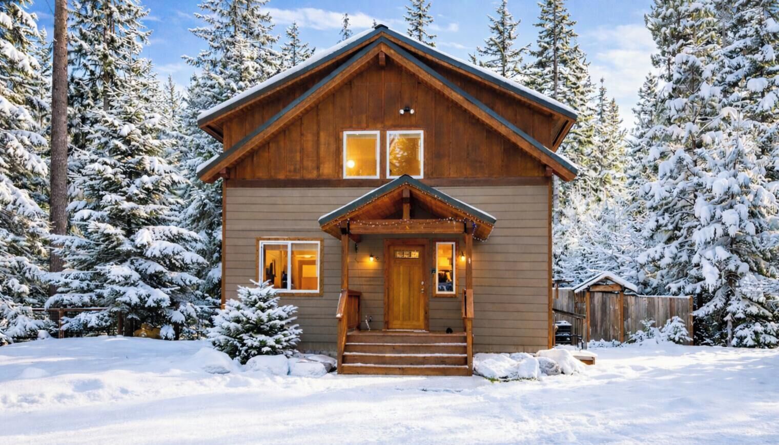 A wooden cabin with a front porch, surrounded by snow-covered trees.