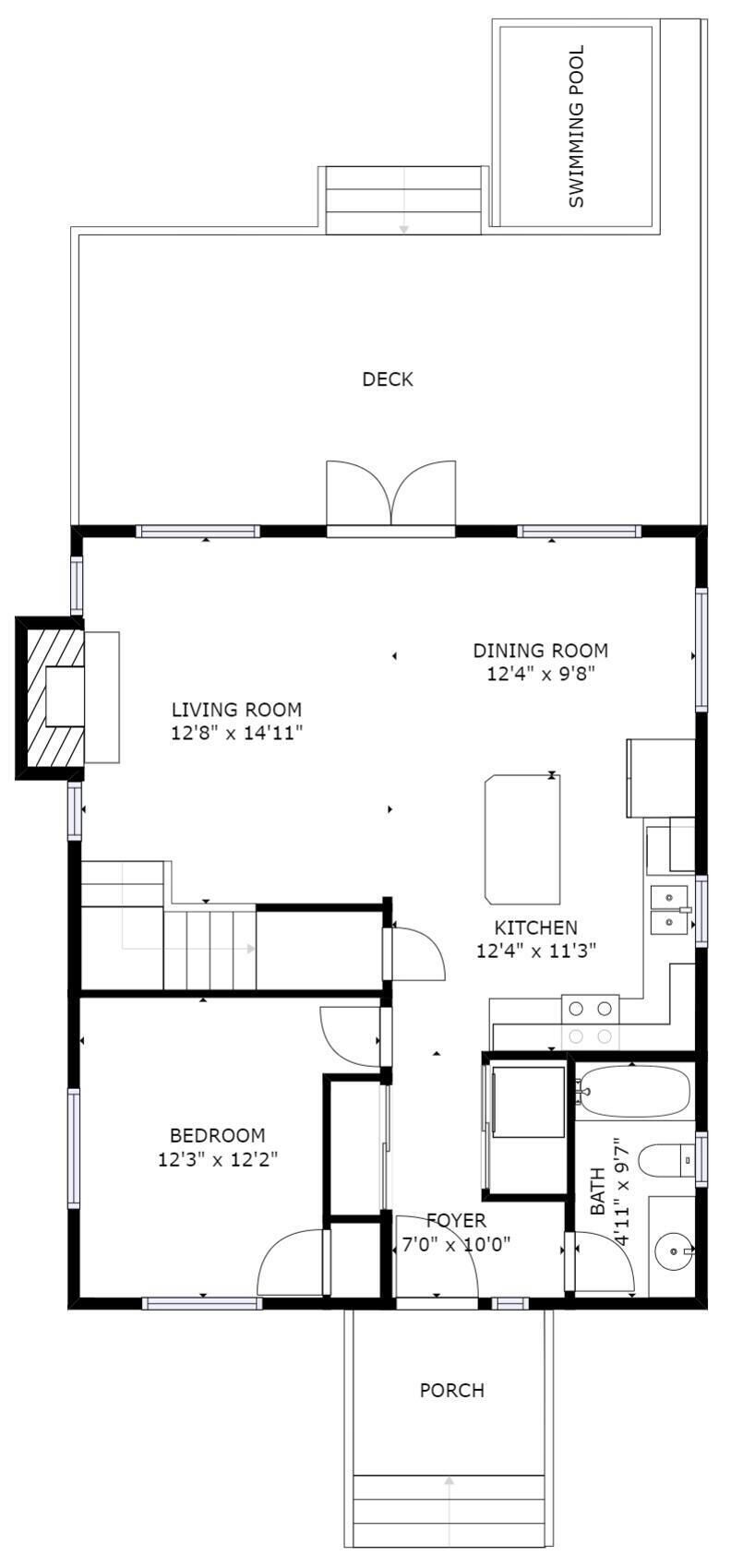 Ein Grundriss mit Wohnzimmer, Esszimmer, Küche, Schlafzimmer, Eingangsbereich, Bad und einem Swimmingpool.