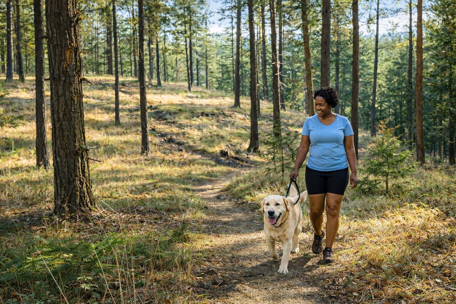 A woman walking a dog on a forest trail.