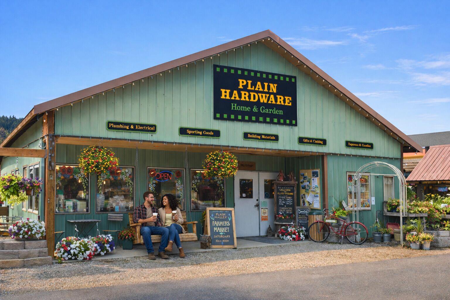 A storefront named "Plain Hardware" with sections for plumbing & electrical, sporting goods, building materials, and gifts & clothing.