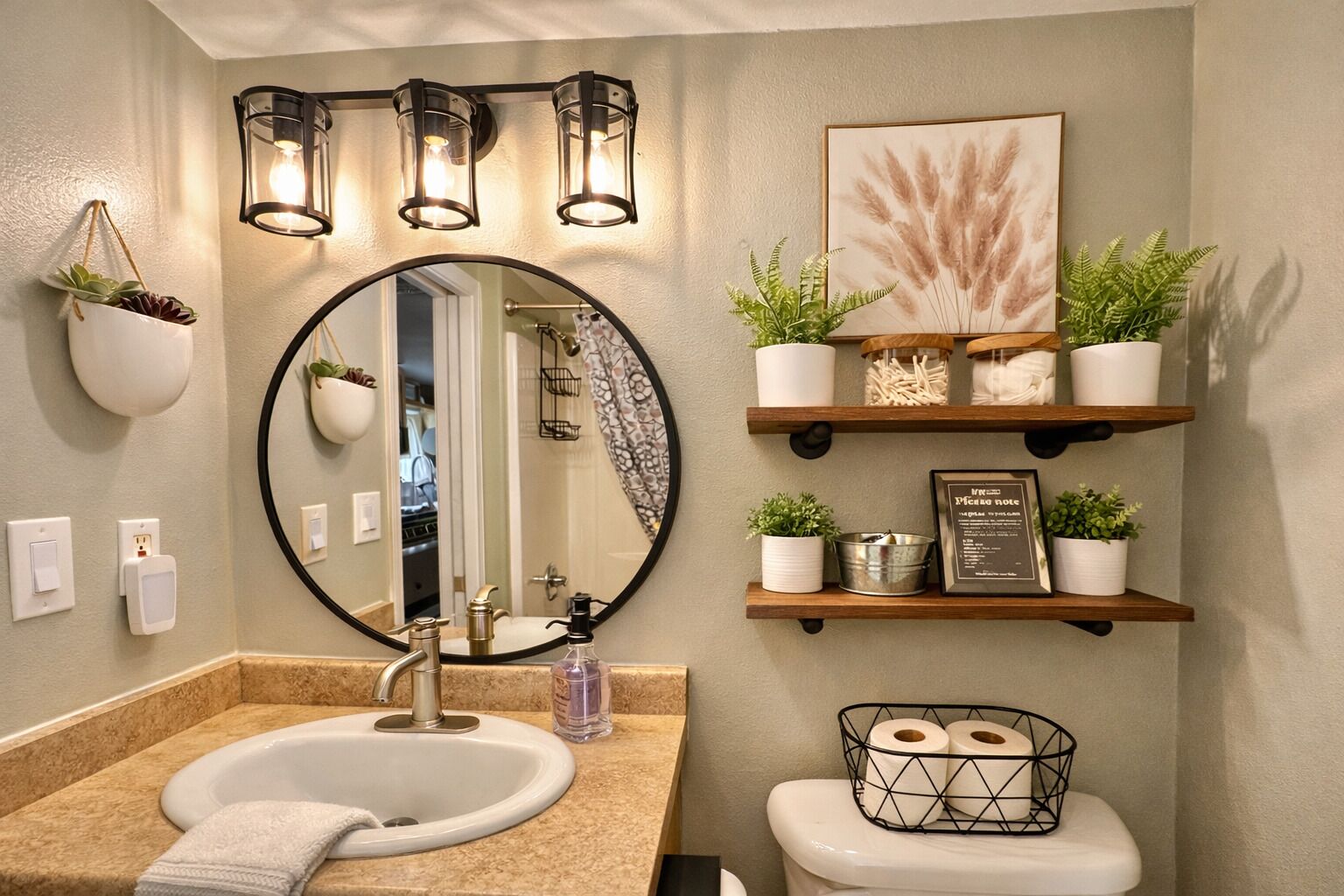 Une salle de bain avec un miroir rond, un lavabo, des toilettes et des étagères ornées de plantes et d’un tableau encadré.