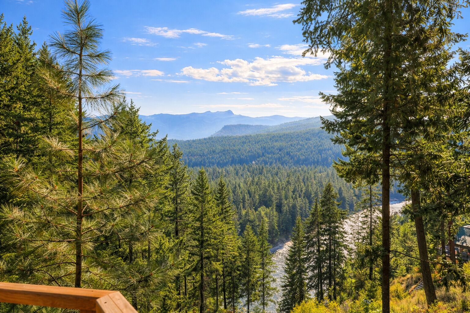A forested mountain landscape with a clear view of distant mountains and a river.