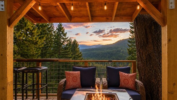 A wooden deck with a fire pit, two cushioned seating areas with patterned cushions, and a view of a forested mountain range. - Das Tree Haus 1 Bedroom Home by NW Comfy Cabins by RedAwning (Leavenworth)