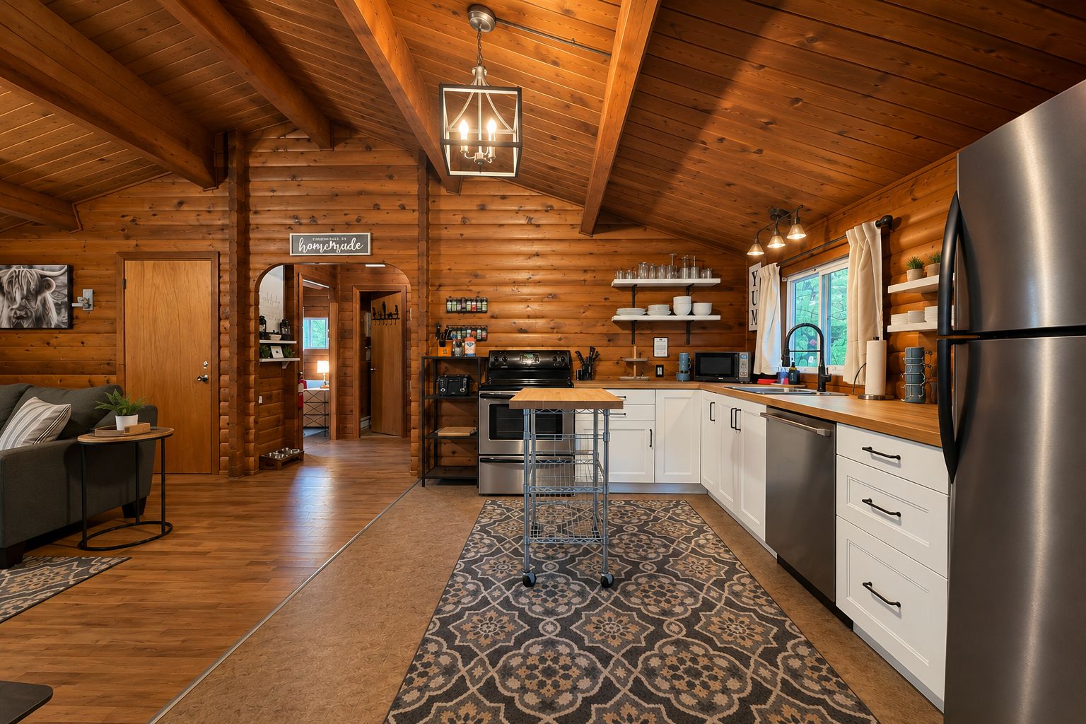 A log cabin-style kitchen with wooden walls, a stainless steel refrigerator, and a dining area with a table and chairs.