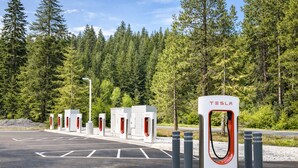 Una stazione di ricarica Tesla in una zona boschiva con diverse unità di ricarica.