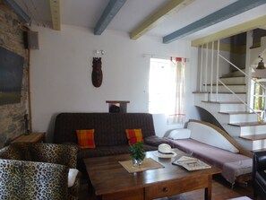 TV, fireplace, books