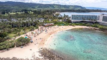 Plage à proximité, chaises longues, serviettes de plage