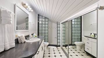 Hair dryer, towels, soap, shampoo