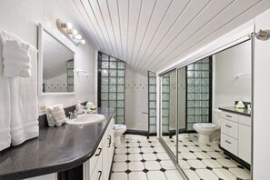 Hair dryer, towels, soap, shampoo