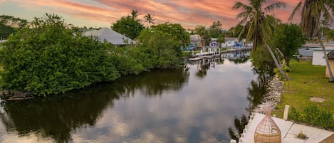 A river with a dock, surrounded by greenery and houses.