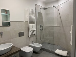 Een douche, een haardroger, een bidet, handdoeken