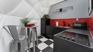 A compact kitchen with a black refrigerator, a gas stove, a microwave, and a red tiled backsplash. - The Starman Dome (Saint Jo)