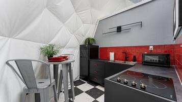 Fridge, microwave, coffee/tea maker, cookware/dishes/utensils