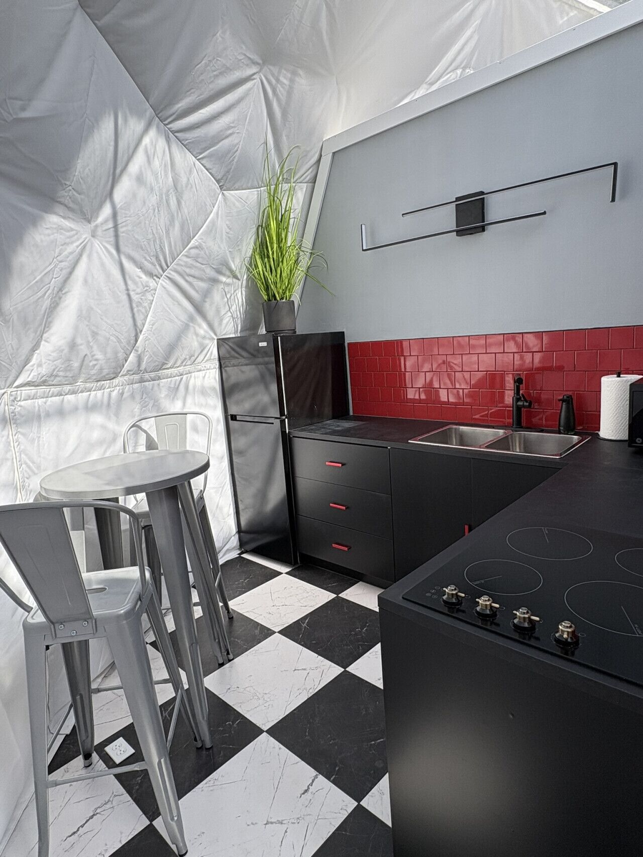 Fridge, microwave, coffee/tea maker, cookware/dishes/utensils