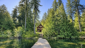 A wooden dock leading to a cabin surrounded by tall trees and a calm lake.