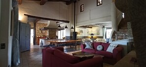 Télévision, cheminée, lecteur de DVD, table de tennis de table