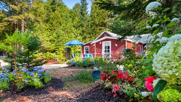Une cabane rouge entourée d’un jardin où poussent différentes sortes de fleurs et d’arbres.