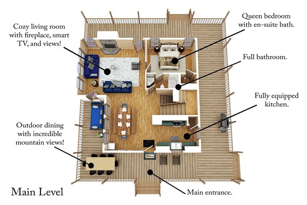 A floor plan of a hotel with a cozy living room, outdoor dining, a queen bedroom, full bathroom, and a fully equipped kitchen. - MtnViews I Aska I MultiFamily I HotTub I PizzaOven (Cherry Log)